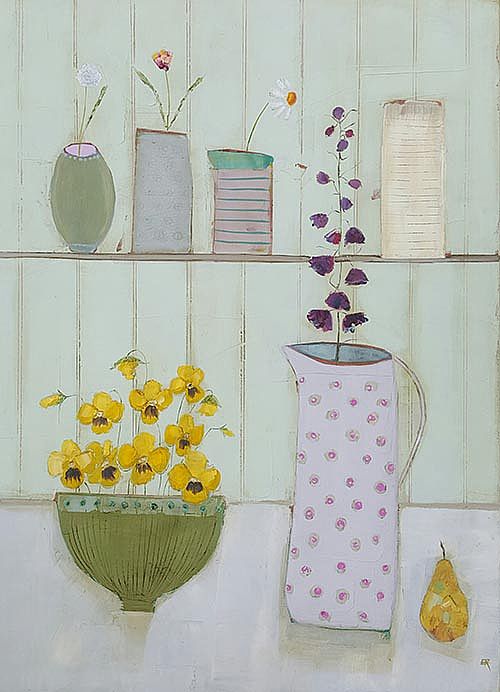 Eithne  Roberts - Yellow pansies, dotty jug and pear
